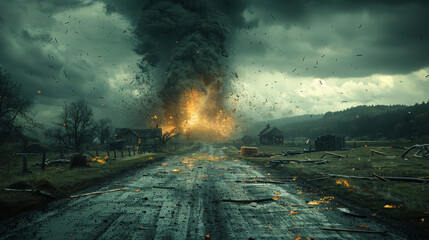 A tornado is forming on the horizon, the and there are dark clouds in front of an empty road, with sawdust scattered around.
