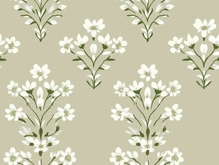 Fototapeta premium Elegant seamless floral pattern featuring white flowers and green leaves on a muted beige background, perfect for textiles, wallpapers, and decorative designs.