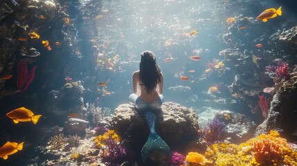 A fantastical underwater scene with a mermaid sitting on a rock, surrounded by colorful fish and coral, magical and serene 