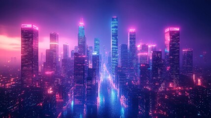 Fototapeta premium Futuristic neon cityscape with glowing skyscrapers and vibrant lights. Generative AI