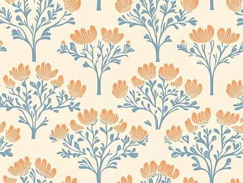 Elegant seamless floral pattern featuring orange flowers and blue leaves on a light background, perfect for textiles, wallpapers, and decorative designs.