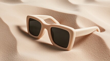 Sunglasses sit on a sandy beach, reflecting bright sunlight and merging with the tranquil setting. The softness of the sand complements the stylish design, inviting relaxation