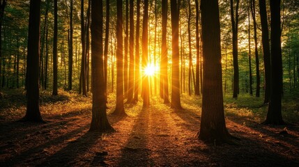 Fototapeta premium Golden Sunset Rays Illuminating Forest Trees
