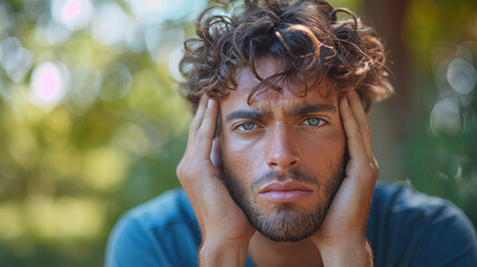 Brain diseases problem cause chronic severe headache migraine. Male adult look tired and stressed.