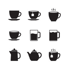 coffee mug tea cup and kettle pot icon collection set silhouette vector flat design element