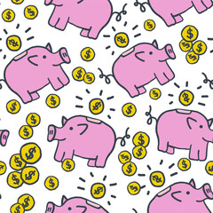 Seamless pattern with piggy bank in hand drawing style in vector on transparent background. Element for decoration postcards poster print background backdrop wrapping packaging wallpaper banner