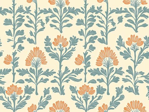 Fototapeta A seamless vintage floral pattern featuring stylized orange flowers and blue-green leaves on a light background, ideal for textiles, wallpapers, and decorative designs.