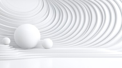 White spheres on undulating platform, minimalist background, abstract design, product display