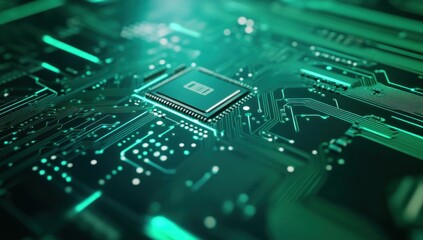 Obraz premium Abstract Microchip Close-up: Glowing Green Circuit Board Technology