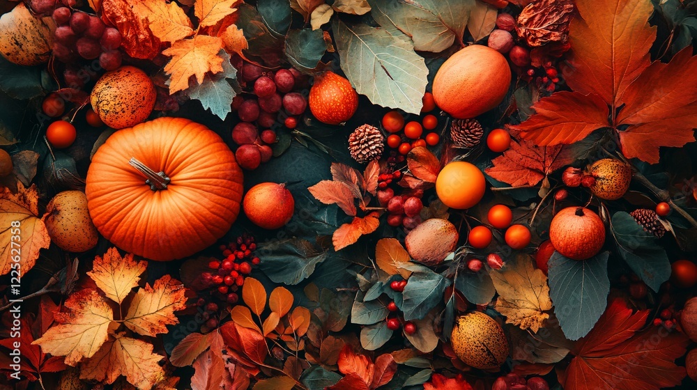 Aufkleber captivating autumn still life arrangement featuring an array of seasonal fruits and vibrant leaves