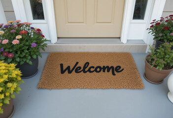 A front porch features a large welcome mat placed on a clean surface, surrounded by vibrant flower pots. The setting creates a warm, inviting atmosphere for guests