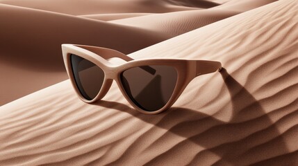 Sunglasses sit on a sandy beach, reflecting bright sunlight and merging with the tranquil setting. The softness of the sand complements the stylish design, inviting relaxation