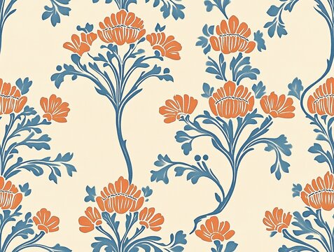 Fototapeta A seamless vintage floral pattern featuring elegant orange flowers and flowing blue leaves on a light background, perfect for textiles, wallpapers, and decorative designs.