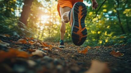 Running through a sunlit forest trail on a vibrant autumn day