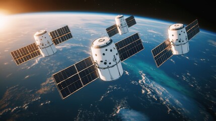 SpaceX satellite constellation in low Earth orbit, multiple satellites arranged in precise formation, their solar panels reflecting sunlight, intricate surface details visible, Earthâ€™s atmosphere