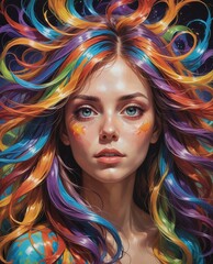 Obraz premium Abstract portrait of a beautiful young woman with a whirlwind of multi-colored hair. Pretty girl with long multi-colored hair fluttering in the wind.