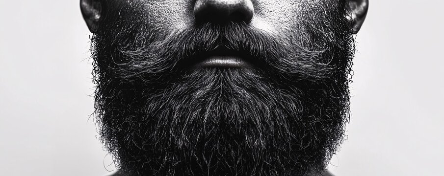 Close-up of a man with a big black beard and mustache