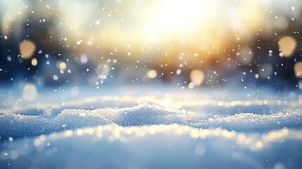 Fototapeta premium Abstract winter background with snow and bokeh lights. Winter background with copy space, sky blue color, blurred snow-covered ground, blurred background