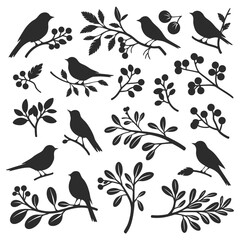 Collection of Bird Silhouettes in Various Poses with Branches and Leaves...