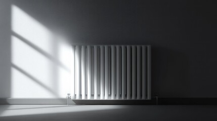 Naklejka premium White radiator in sunlit room, minimalist interior design, home heating