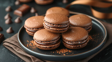 Dark chocolate the cookies displayed elegantly on a black plate with a ribbon and a brown napkin, set on a dark table background with copy space image.