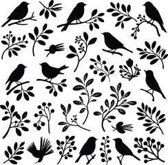 Collection of Bird Silhouettes in Various Poses with Branches and Leaves...
