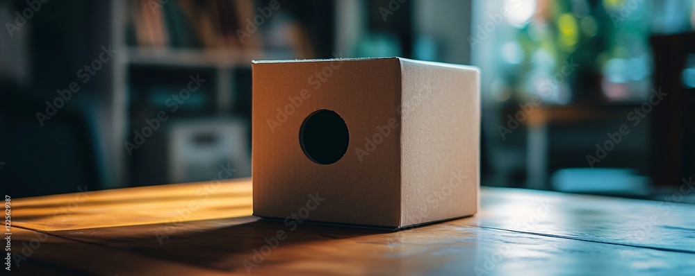 Poster Plain cardboard box sits on a table, featuring a flawlessly circular hole cut into it
