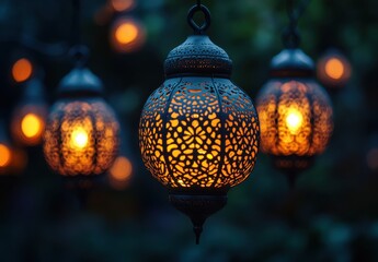 Elegant Hanging Lanterns with Intricate Patterns Illuminating a Dark Background in a Soft Glow of Warm Light