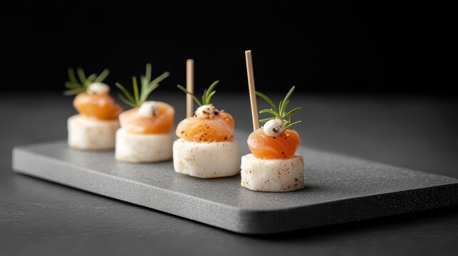 Plate of assorted gourmet finger foods with salmon and cheese appetizers for a party