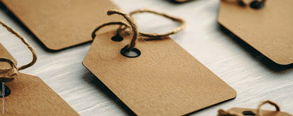Poster Brown cardboard tags hanging from strings on a white table, ready to be personalized with a message