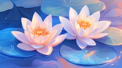 Two Delicate Water Lilies Bloom Serenely On A Calm Pond