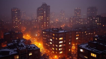 Obraz premium Snowy City Night Aerial View
