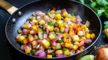 sizzling pan of onions being stir-fried with colorful vegetables and spices, illustrating the key role onions play in stir-fry dishes. Onion, Food made from onion 