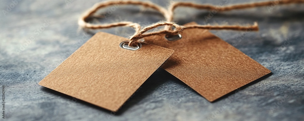 Aufkleber pair of brown labels with string on a blue background, offering space for your text