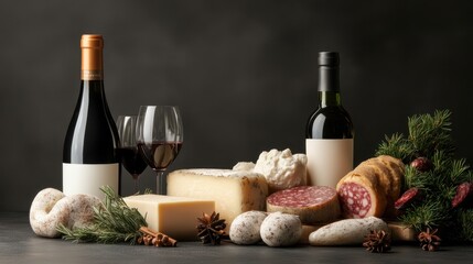 Bottle of wine alongside gourmet food gifts on a wooden table for special occasions