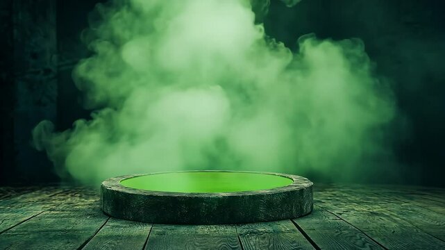 Round stone cauldron with green liquid surrounded by green fog on a wooden surface, Mysterious fantasy atmosphere with copy space, Magic and potion brewing concept for design and print