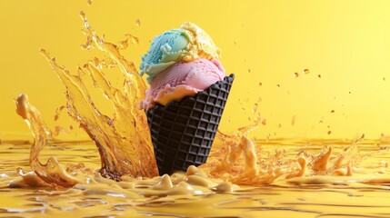 Colorful ice cream cone splash, summer dessert, yellow background, food photography