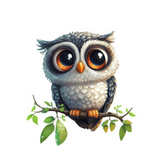 Obraz premium Illustration of cute cartoon owl with large expressive eyes perched on a branch with green leaves. Ideal for themes of nature, wildlife, and children's design. Isolated on transparent background, png