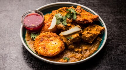 Fototapeta premium plate of onion bhajis, crispy and golden-brown, served with a side of chutney, with copy space. Onion, Food made from onion 