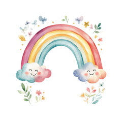 Watercolor illustration of colorful rainbow arch with smiling clouds, surrounded by small decorative flowers. Suitable for themes of joy and children's art. Isolated on transparent background, png