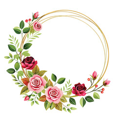 Decorative circle gold frame with red rose and leaves ornament for invitation car