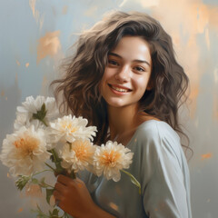 Smiling Young Woman Holding White Flowers in Natural Light. International Women's Day. Valentine's Day. 
