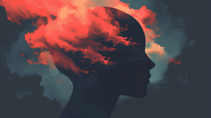 A conceptual silhouette of a head with vibrant red and orange clouds blending into a dark background.