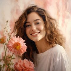 Smiling Young Woman Holding White and pink Flowers on pink background. International Women's Day. Valentine's Day. 