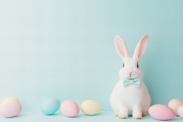 Adorable Easter bunny with colorful eggs and spring greenery on a light background, perfect for holiday cards and seasonal designs.