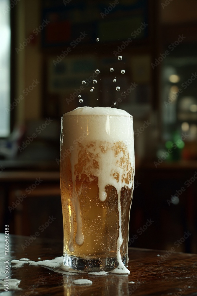 Poster overflowing beer glass on a bar with bubbles floating in the air
