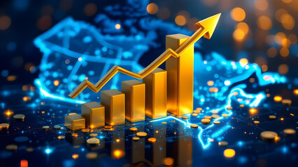 Canada economy growth charts with digital glowing map and 3d Canadian Dollar symbol of gold.