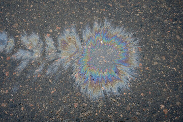 Gasoline or oil spill creating rainbow pattern on asphalt road