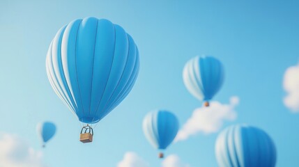Obraz premium Blue hot air balloons soar, clear sky background, travel adventure