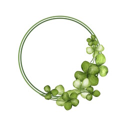 Fototapeta premium Green clover round frame. St. Patrick's Day. Shamrock. Isolated watercolor illustration
